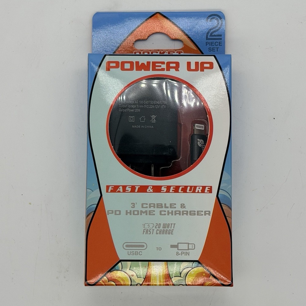 Rocket Charge Power Up - 20W USB-C PD Home Wall Charger & 3ft 8-Pin Cable